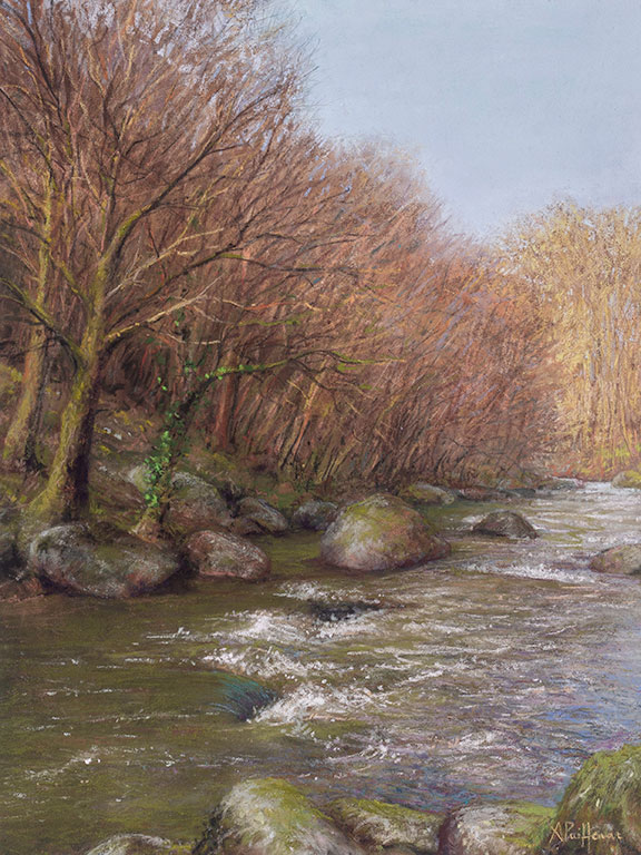 Rivière bordée d'arbres, tableau d'Aurore Puifferrat, peintre pastelliste