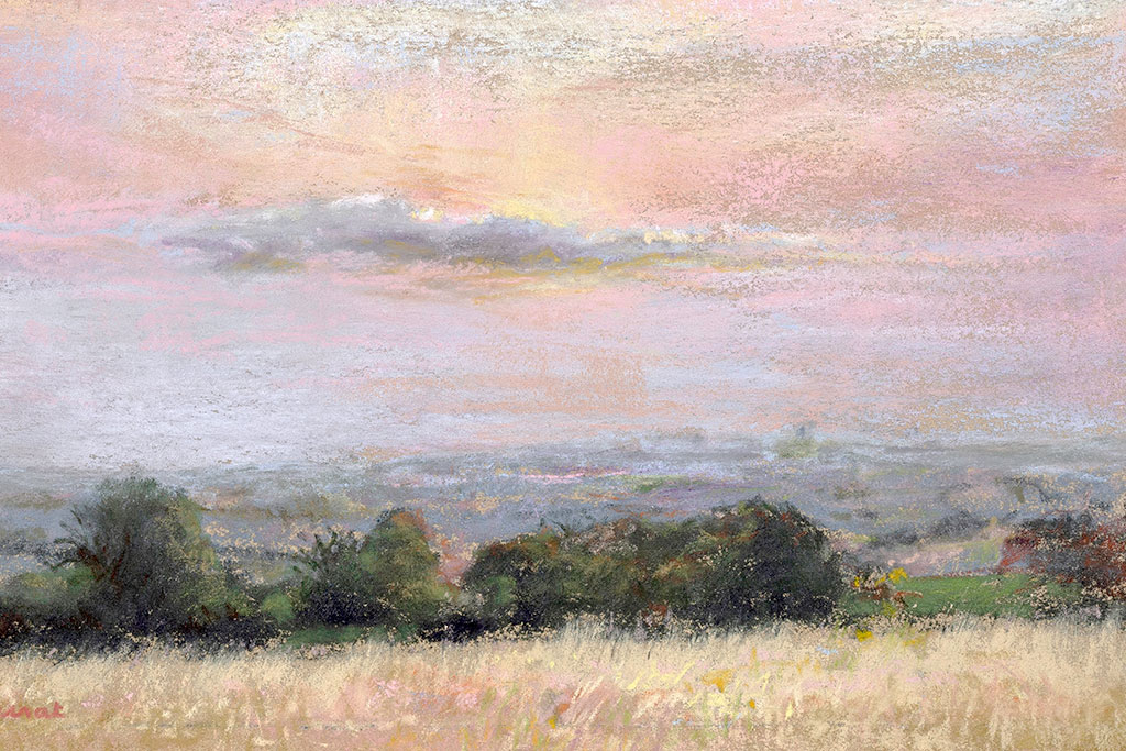 Coucher de soleil dans la campagne, tableau d'Aurore Puifferrat, peintre pastelliste