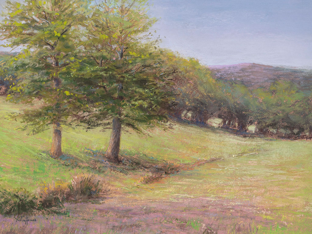 Deux arbres dans la campagne, tableau d'Aurore Puifferrat, peintre pastelliste