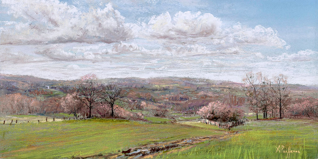 Paysage de campagne au printemps, tableau d'Aurore Puifferrat, peintre pastelliste