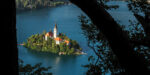 Vue en hauteur entre les arbres de l'île du lac de Bled en Slovénie