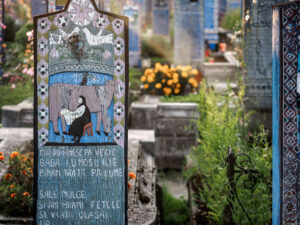 tombe-bleue-fleurs-jaunes-cimetiere-joyeux-sapanta-roumanie